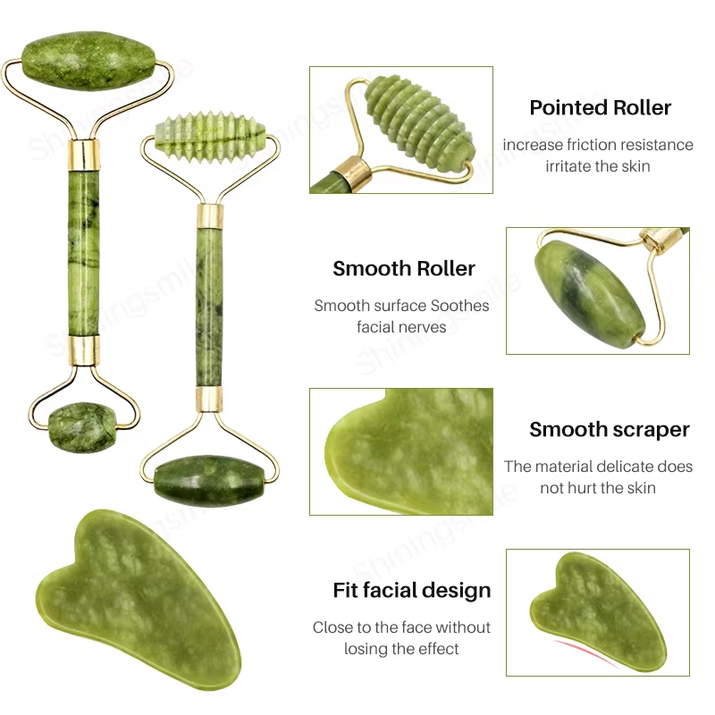 2Pcs Face Massager Roller Natural Jade Stone Guasha Board Scraper Set Facial Lift Skin Relaxation Slimming Beauty Neck Thin Tool