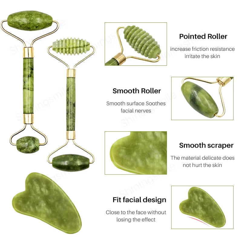2Pcs Face Massager Roller Natural Jade Stone Guasha Board Scraper Set Facial Lift Skin Relaxation Slimming Beauty Neck Thin Tool