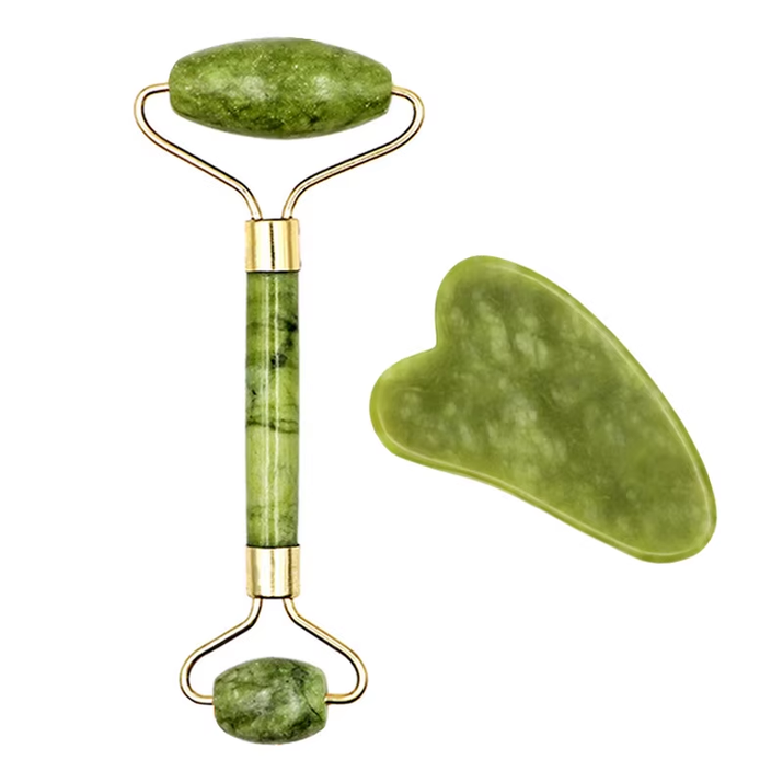 2Pcs Face Massager Roller Natural Jade Stone Guasha Board Scraper Set Facial Lift Skin Relaxation Slimming Beauty Neck Thin Tool
