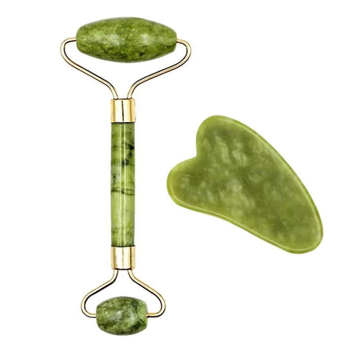 2Pcs Face Massager Roller Natural Jade Stone Guasha Board Scraper Set Facial Lift Skin Relaxation Slimming Beauty Neck Thin Tool
