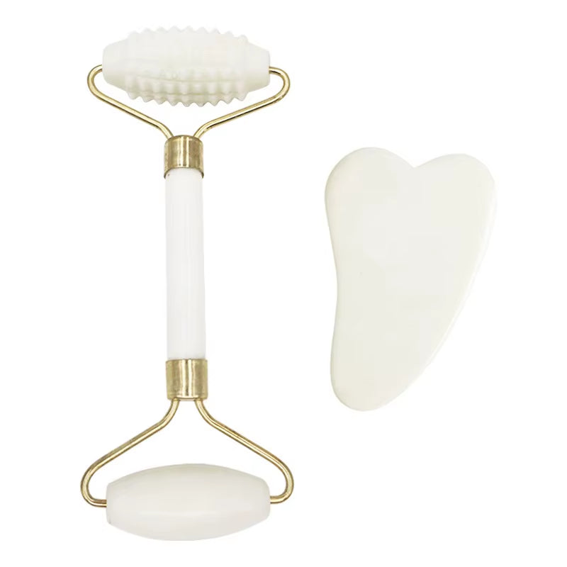 2Pcs Face Massager Roller Natural Jade Stone Guasha Board Scraper Set Facial Lift Skin Relaxation Slimming Beauty Neck Thin Tool