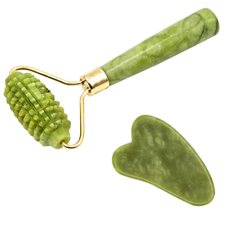 2Pcs Face Massager Roller Natural Jade Stone Guasha Board Scraper Set Facial Lift Skin Relaxation Slimming Beauty Neck Thin Tool
