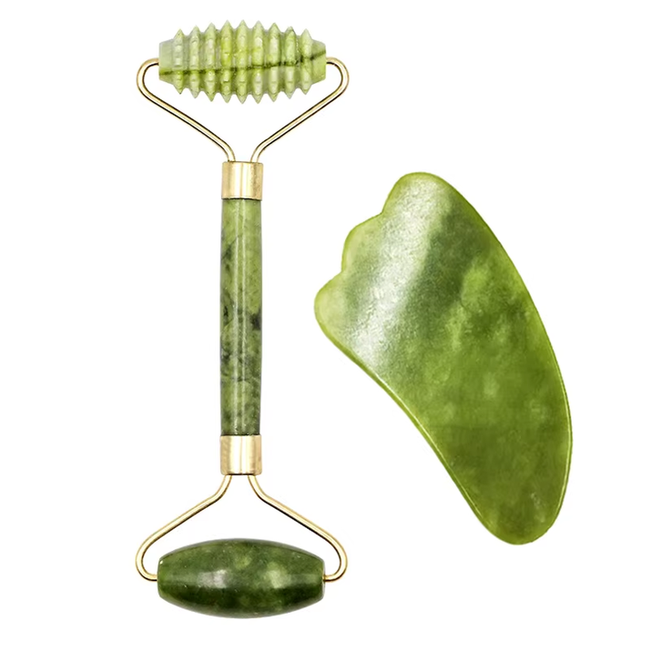 2Pcs Face Massager Roller Natural Jade Stone Guasha Board Scraper Set Facial Lift Skin Relaxation Slimming Beauty Neck Thin Tool