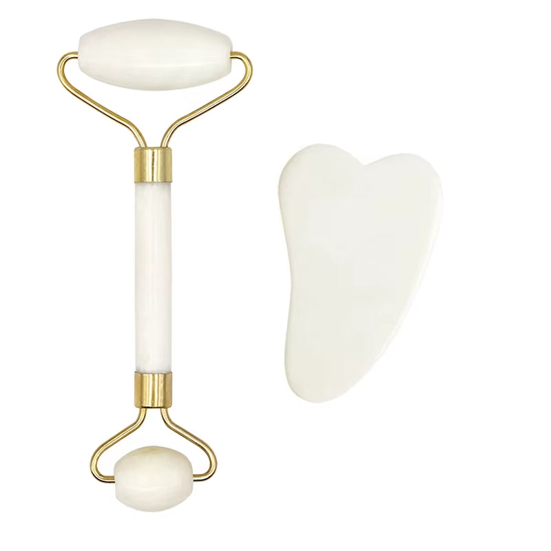 2Pcs Face Massager Roller Natural Jade Stone Guasha Board Scraper Set Facial Lift Skin Relaxation Slimming Beauty Neck Thin Tool