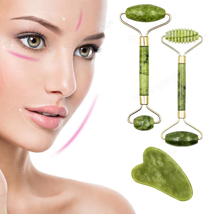 2Pcs Face Massager Roller Natural Jade Stone Guasha Board Scraper Set Facial Lift Skin Relaxation Slimming Beauty Neck Thin Tool