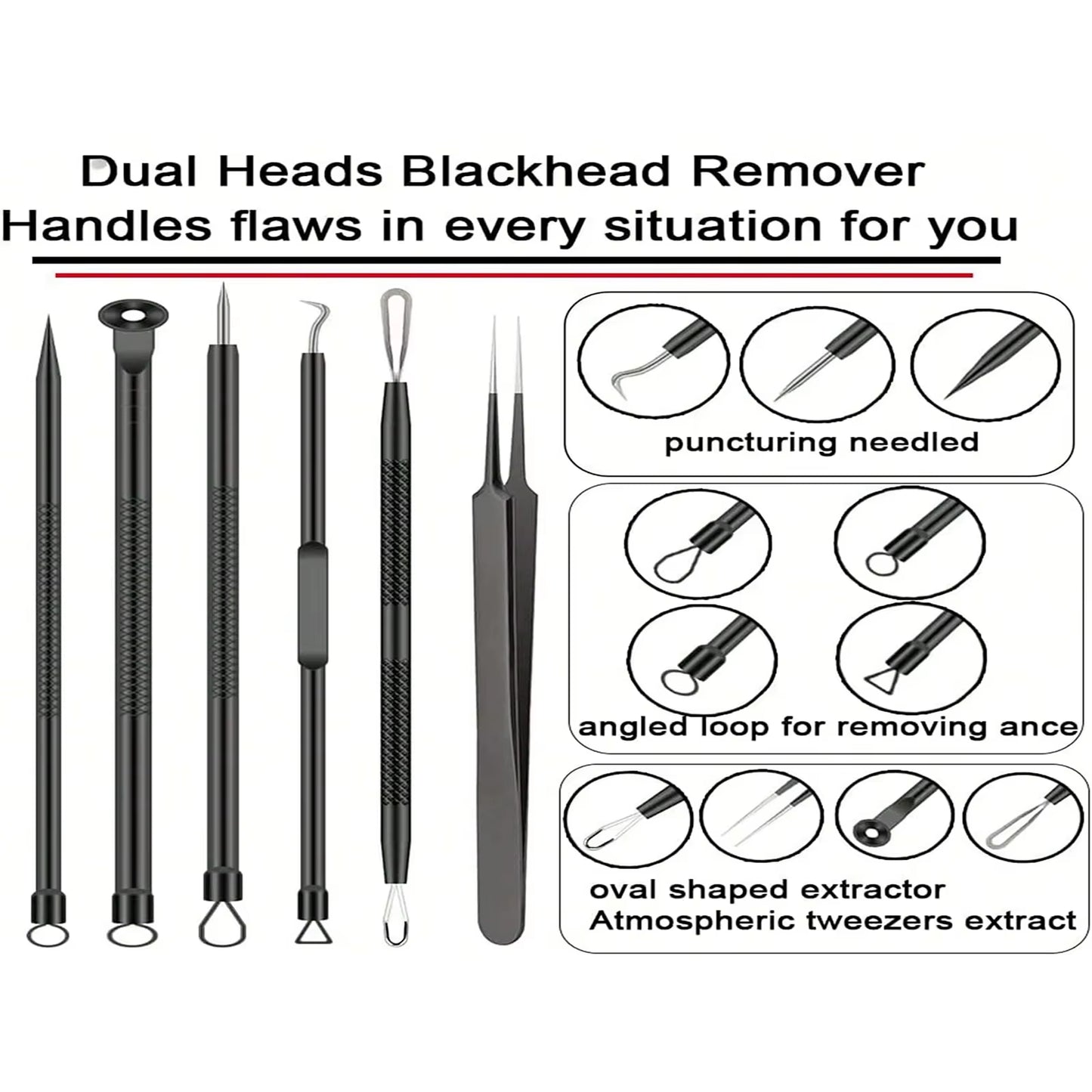 6Pcs/Set Acne Removal Needle and Clip Stainless Steel Tool Blackhead Removal Blemishes Facial Skin Care Beauty Facial Pore Clean