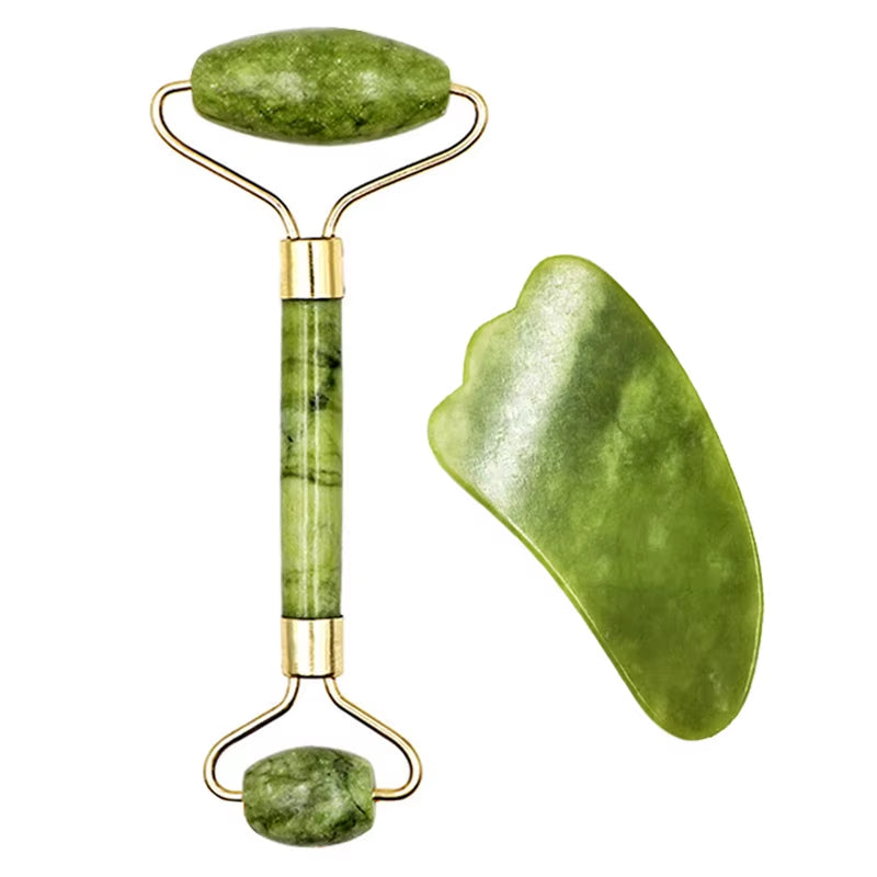 2Pcs Face Massager Roller Natural Jade Stone Guasha Board Scraper Set Facial Lift Skin Relaxation Slimming Beauty Neck Thin Tool