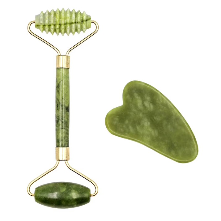2Pcs Face Massager Roller Natural Jade Stone Guasha Board Scraper Set Facial Lift Skin Relaxation Slimming Beauty Neck Thin Tool
