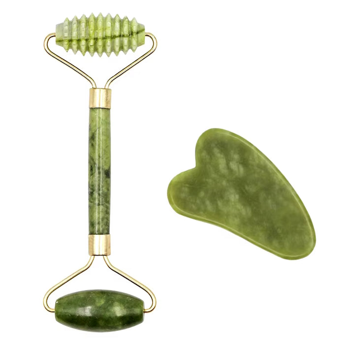 2Pcs Face Massager Roller Natural Jade Stone Guasha Board Scraper Set Facial Lift Skin Relaxation Slimming Beauty Neck Thin Tool