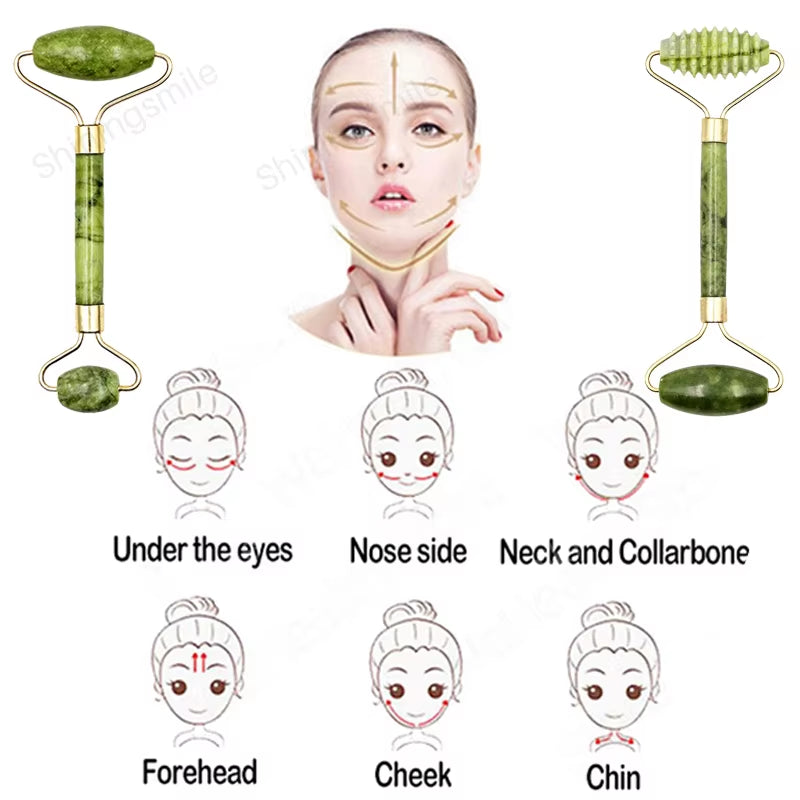 2Pcs Face Massager Roller Natural Jade Stone Guasha Board Scraper Set Facial Lift Skin Relaxation Slimming Beauty Neck Thin Tool