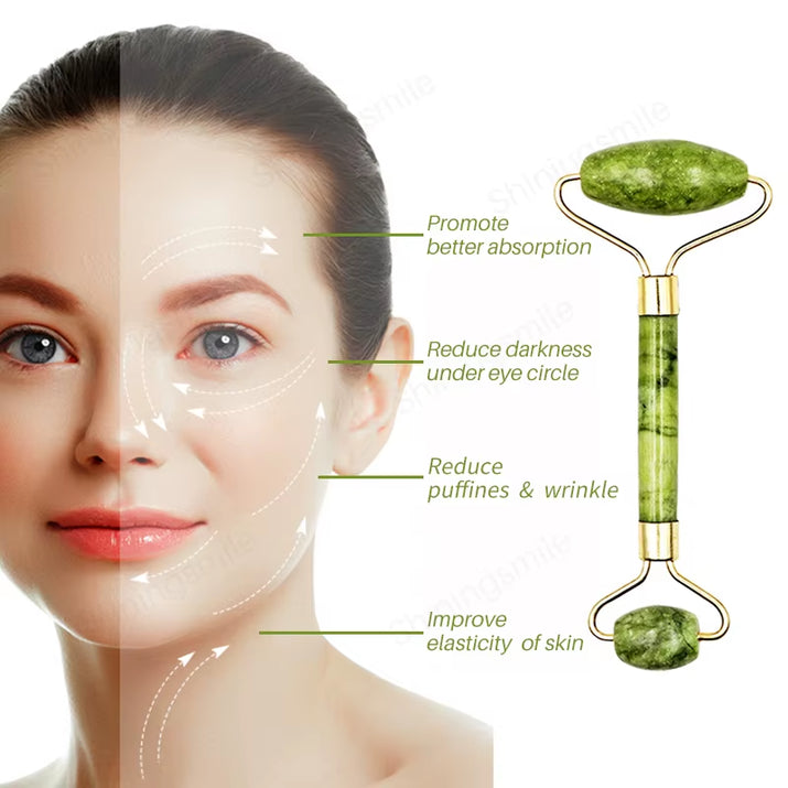 2Pcs Face Massager Roller Natural Jade Stone Guasha Board Scraper Set Facial Lift Skin Relaxation Slimming Beauty Neck Thin Tool