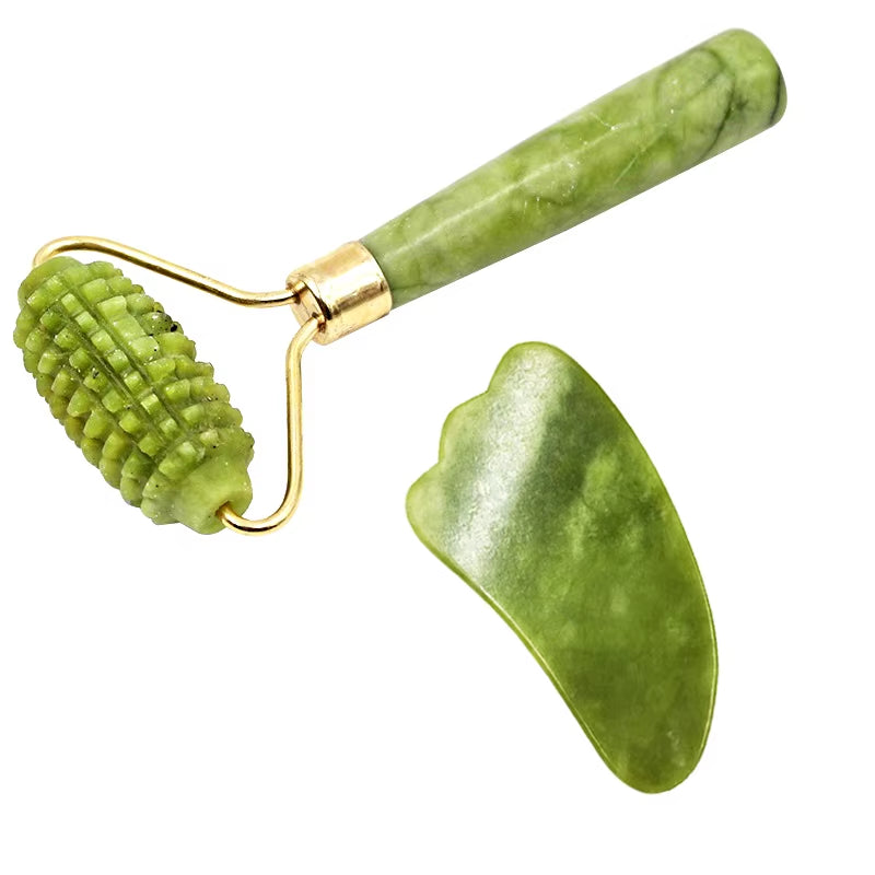 2Pcs Face Massager Roller Natural Jade Stone Guasha Board Scraper Set Facial Lift Skin Relaxation Slimming Beauty Neck Thin Tool